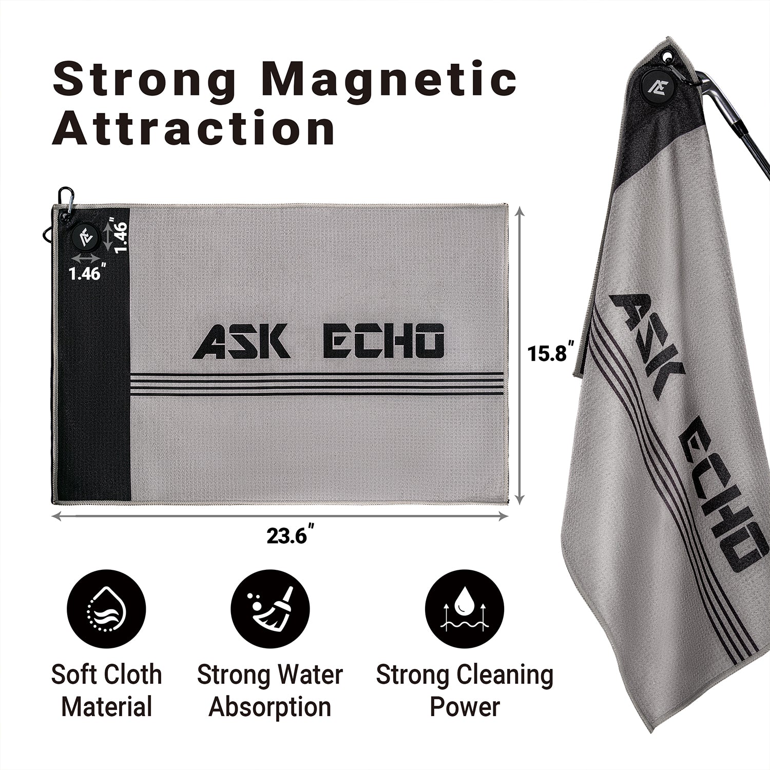ASK ECHO Waffle Weave Microfiber With Magnetic Golf Cotton Towel / Grey