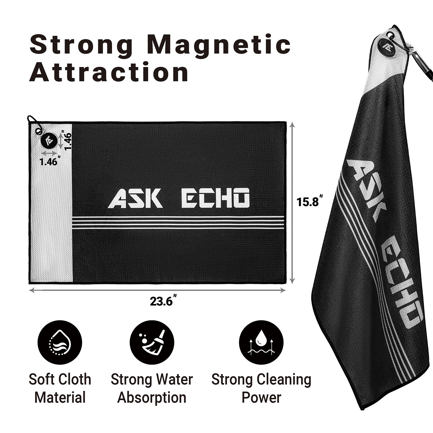 ASK ECHO Waffle Weave Microfiber With Magnetic Golf Cotton Towel / Black