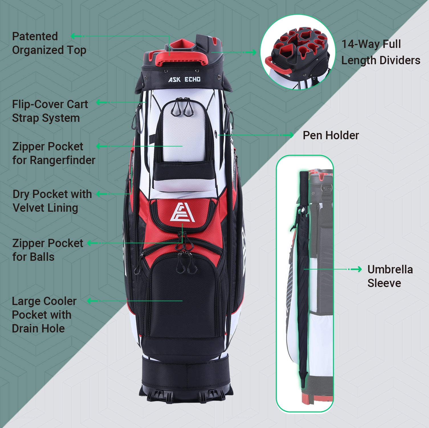 Ask Echo T-LOCK 2.0 14 Way Organizer Dividers Golf Quiet Cart Bag / White