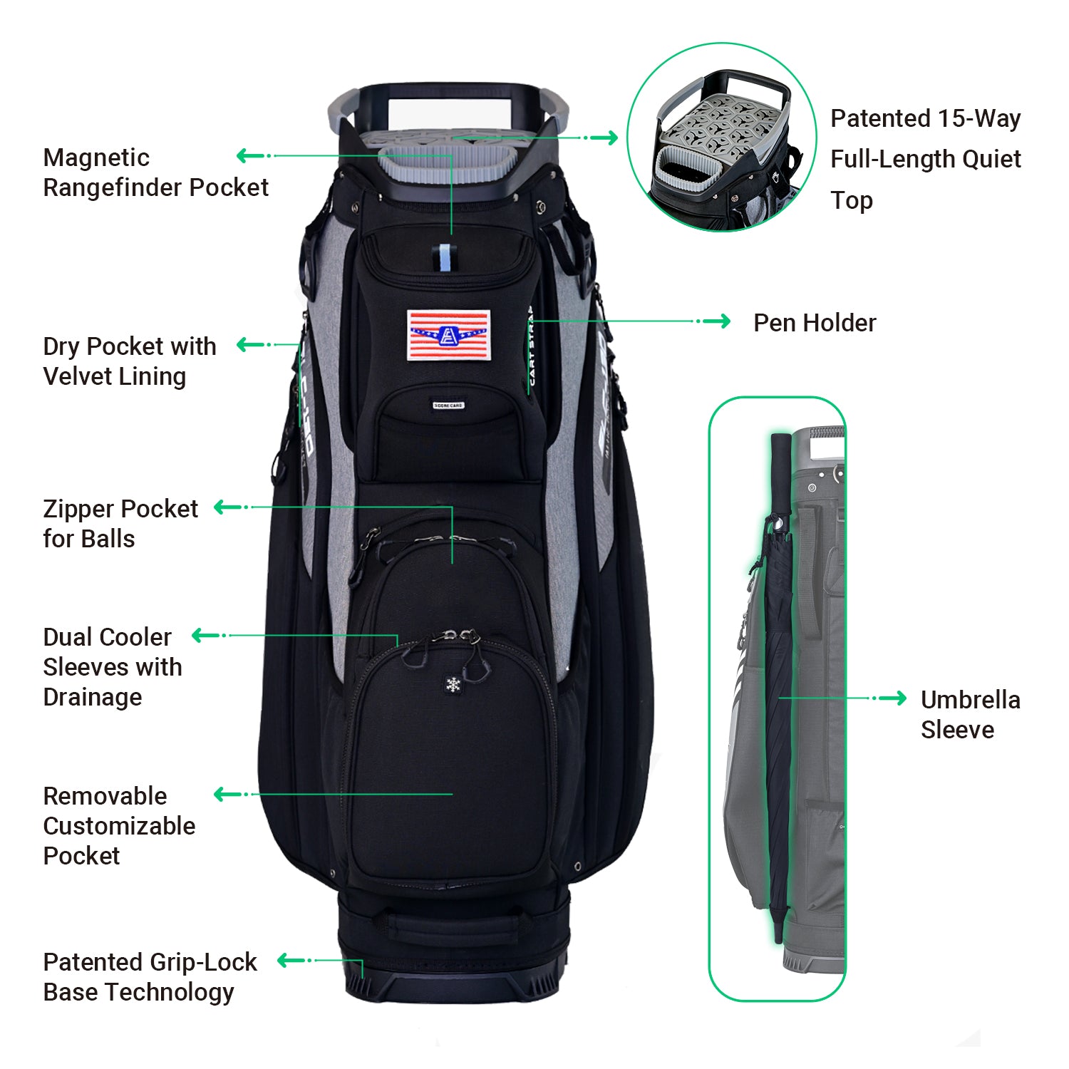 Ask Echo 2024 SLC-130 15 Way Full Length Dividers Golf Quiet Cart Bag / Black