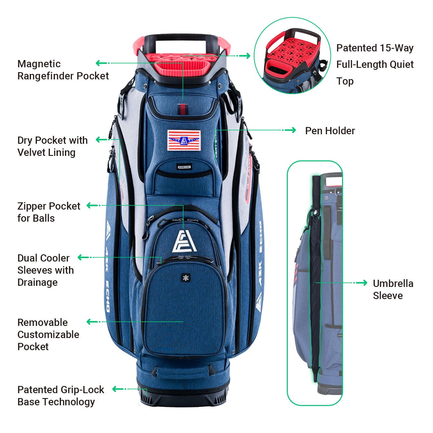 Ask Echo 2024 SLC-130 15 Dividers Grip Locking Bottom Golf Quiet Cart Bag / Navy