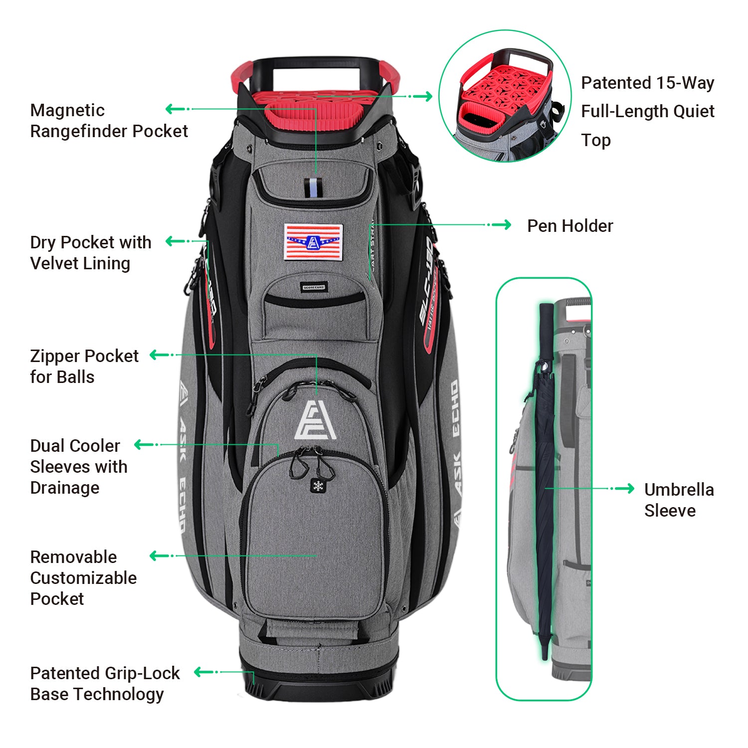 Ask Echo 2024 SLC-130 15 Way Full Length Dividers Golf Quiet Cart Bag / Grey