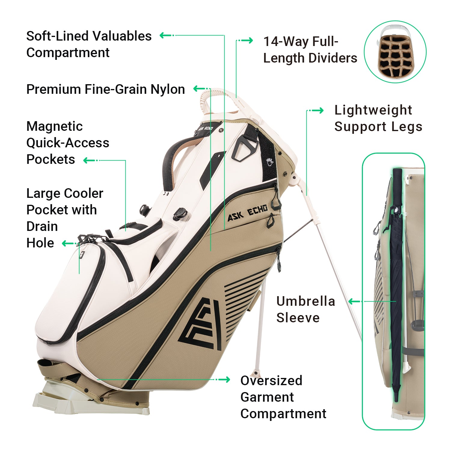 Ask Echo 2025 ST-14 Way Full Length Dividers Hybrid Stand Bag / Toasted Almond