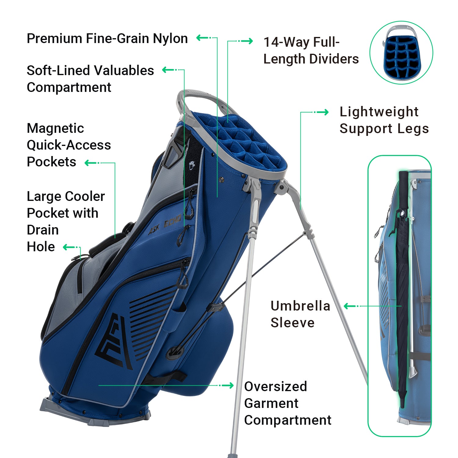 Ask Echo 2025 ST-14 Way Full Length Dividers Hybrid Stand Bag / NavyGrey