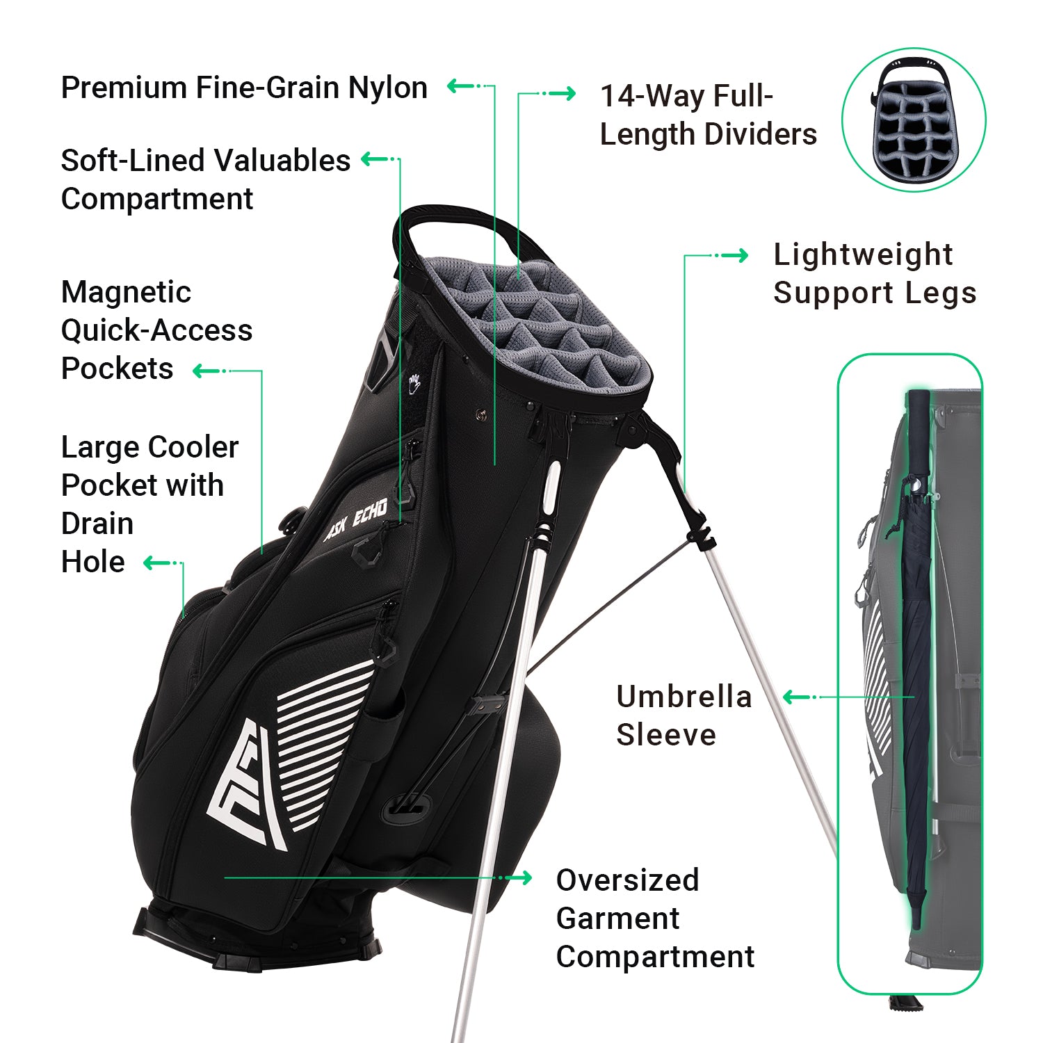 Ask Echo 2025 ST-14 Way Full Length Dividers Hybrid Stand Bag / Black