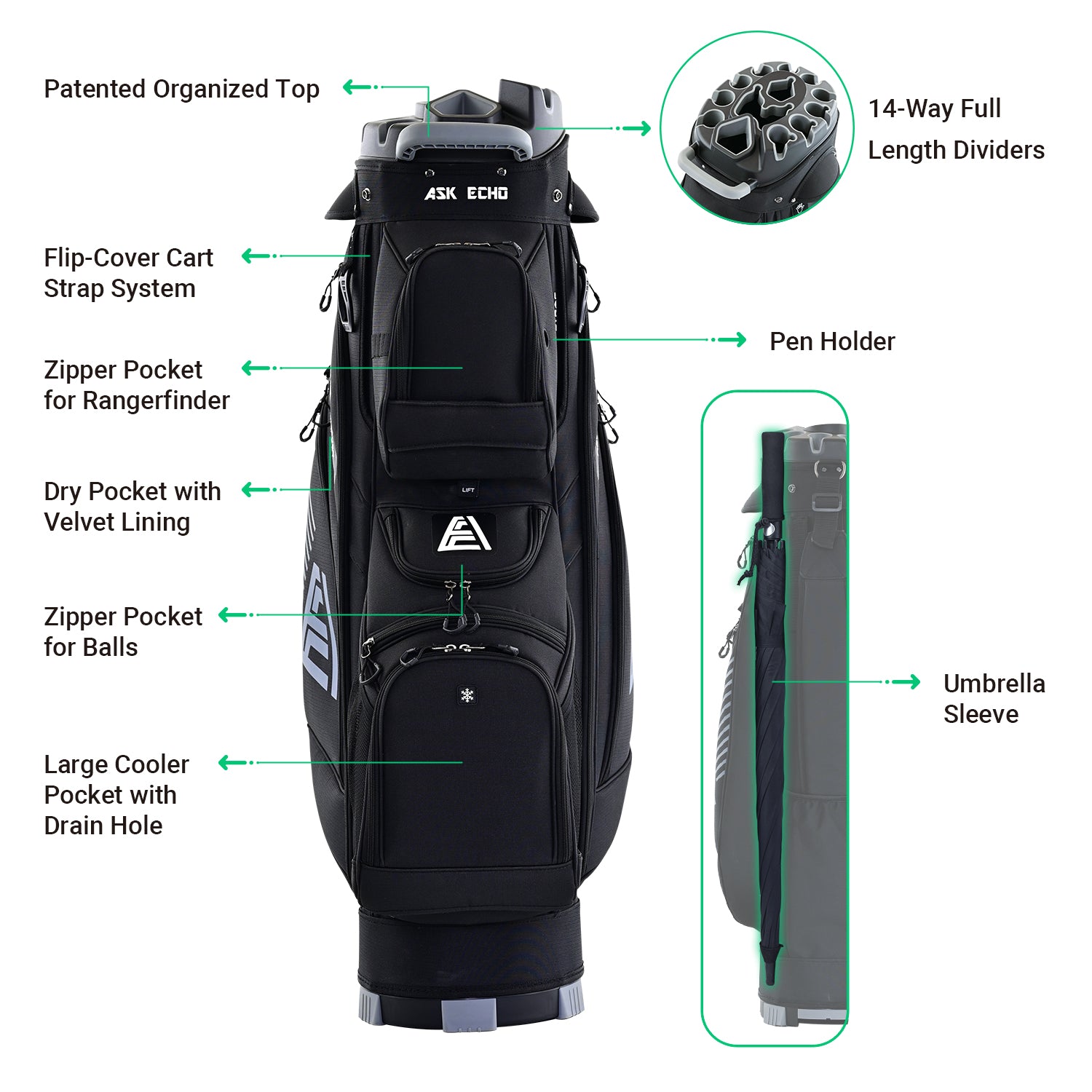 Ask Echo 2024 T-LOCK 14 Way Organizer Dividers Golf Soundless Cart Bag / Black