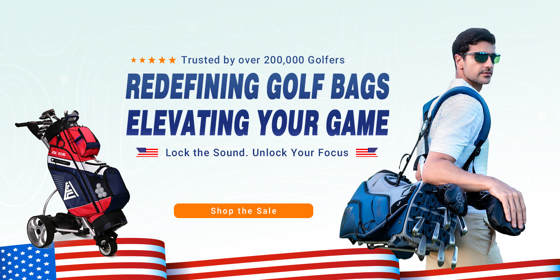 ASK ECHO homepage hero banner showing T-LOCK golf cart bag on the left and model carrying ST-LOCK stand bag on the right