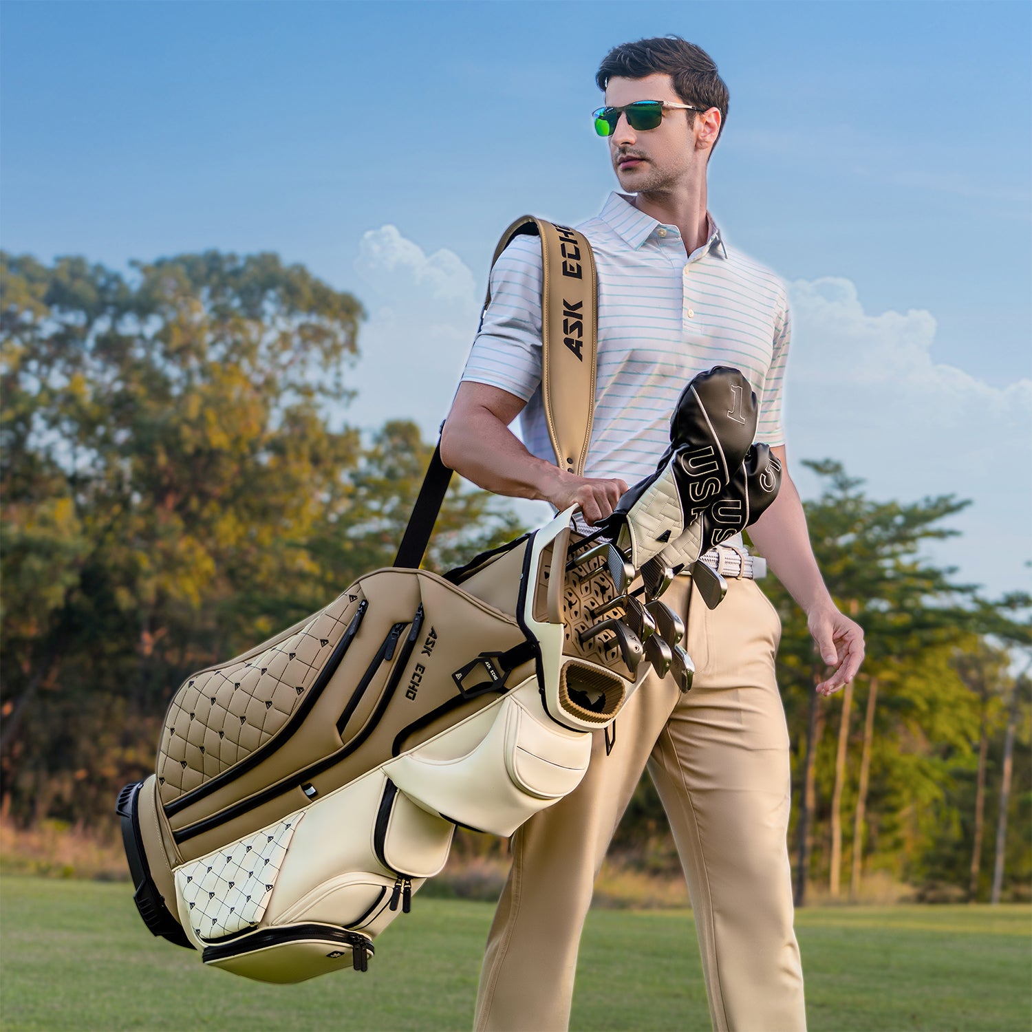 Ask Echo 2025 SLC-130LE Luxury 15 Way Full Length Dividers Golf Quiet Synthetic Leather Cart Bag / Toasted Almond