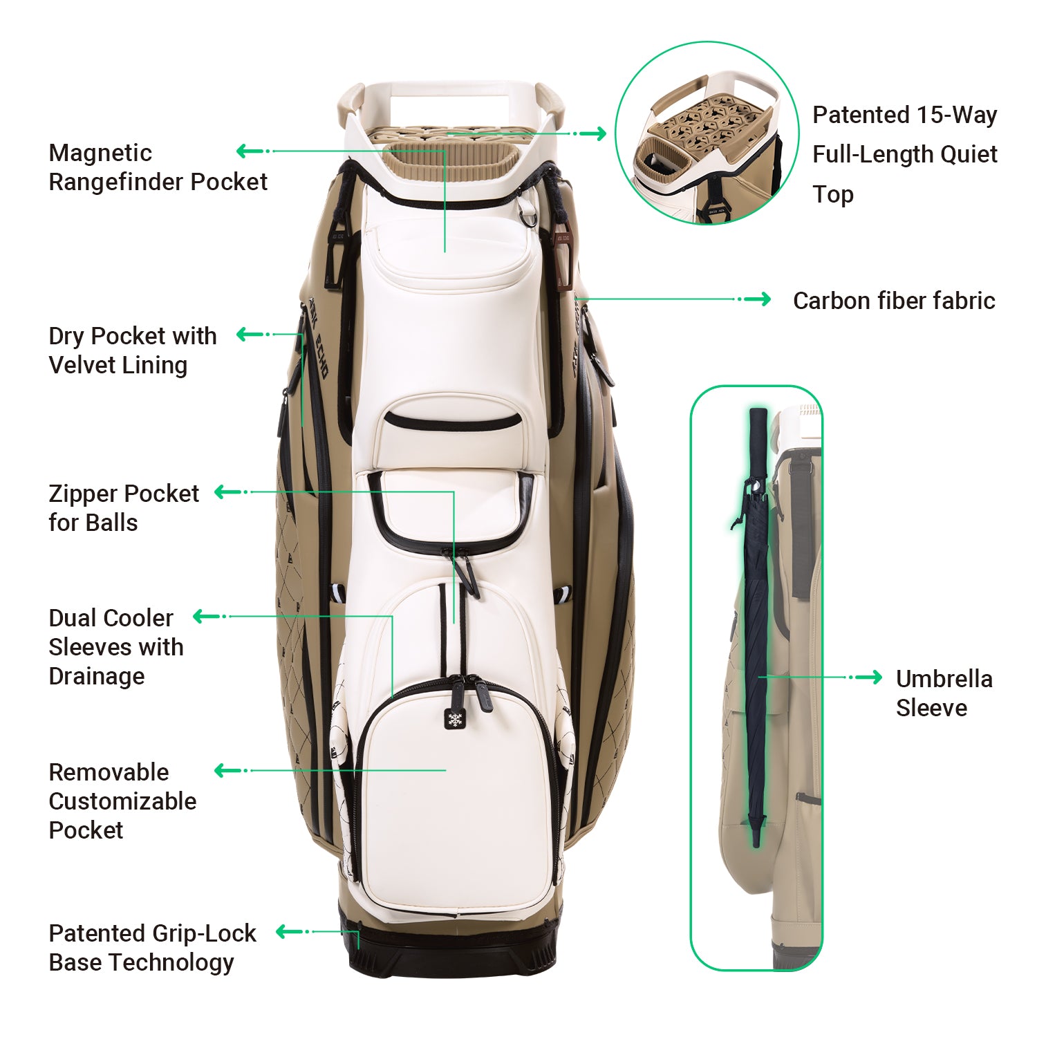 Ask Echo 2025 SLC-130LE Luxury 15 Way Full Length Dividers Golf Quiet Synthetic Leather Cart Bag / Toasted Almond