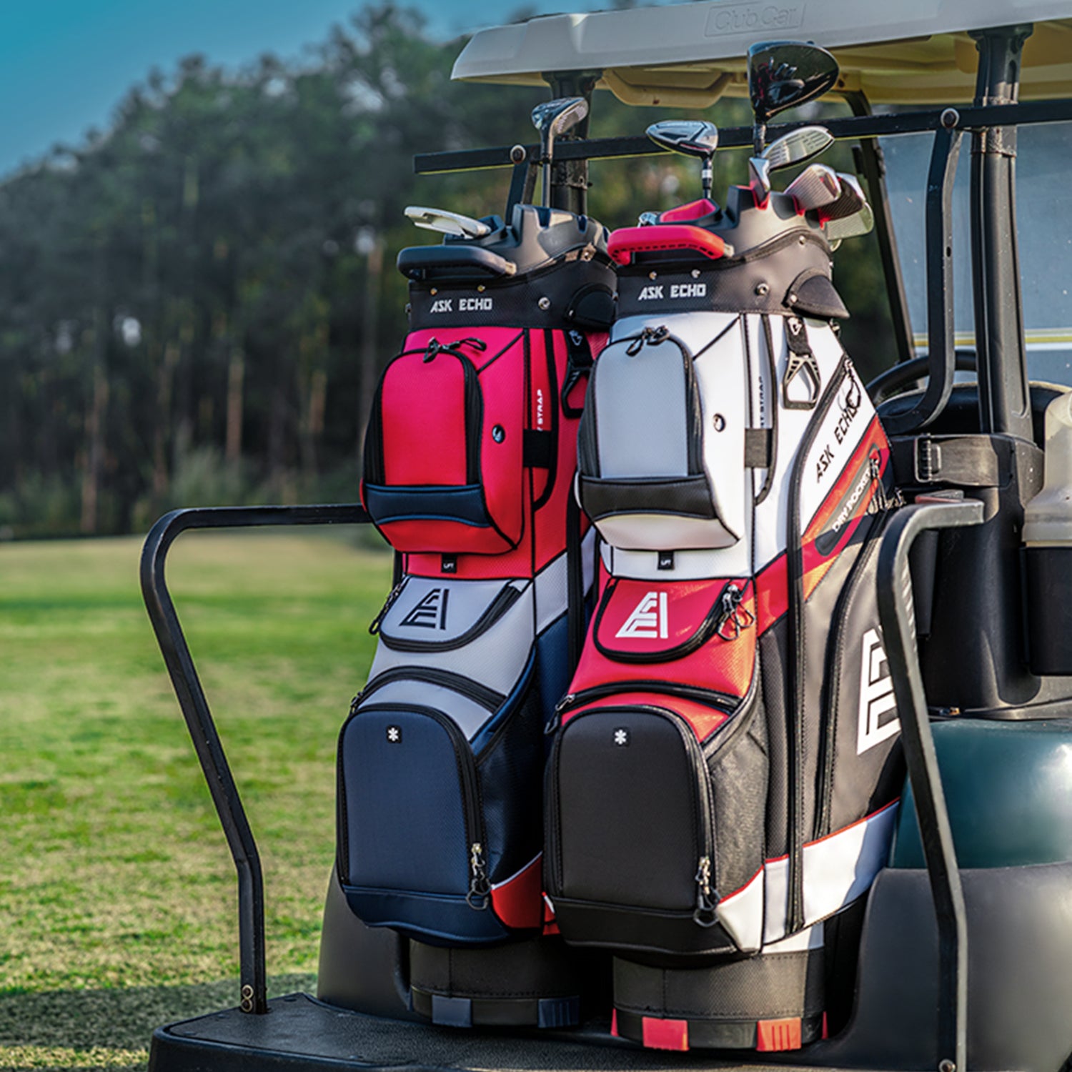 ASK ECHO T-LOCK Cart Bag in Black mounted on a golf cart alongside another T-LOCK bag