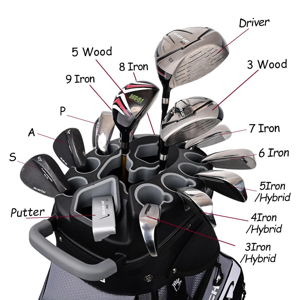 ASK ECHO T-LOCK Cart Bag in Grey with labeled 14-way divider slots for driver, woods, irons, hybrids, and putter