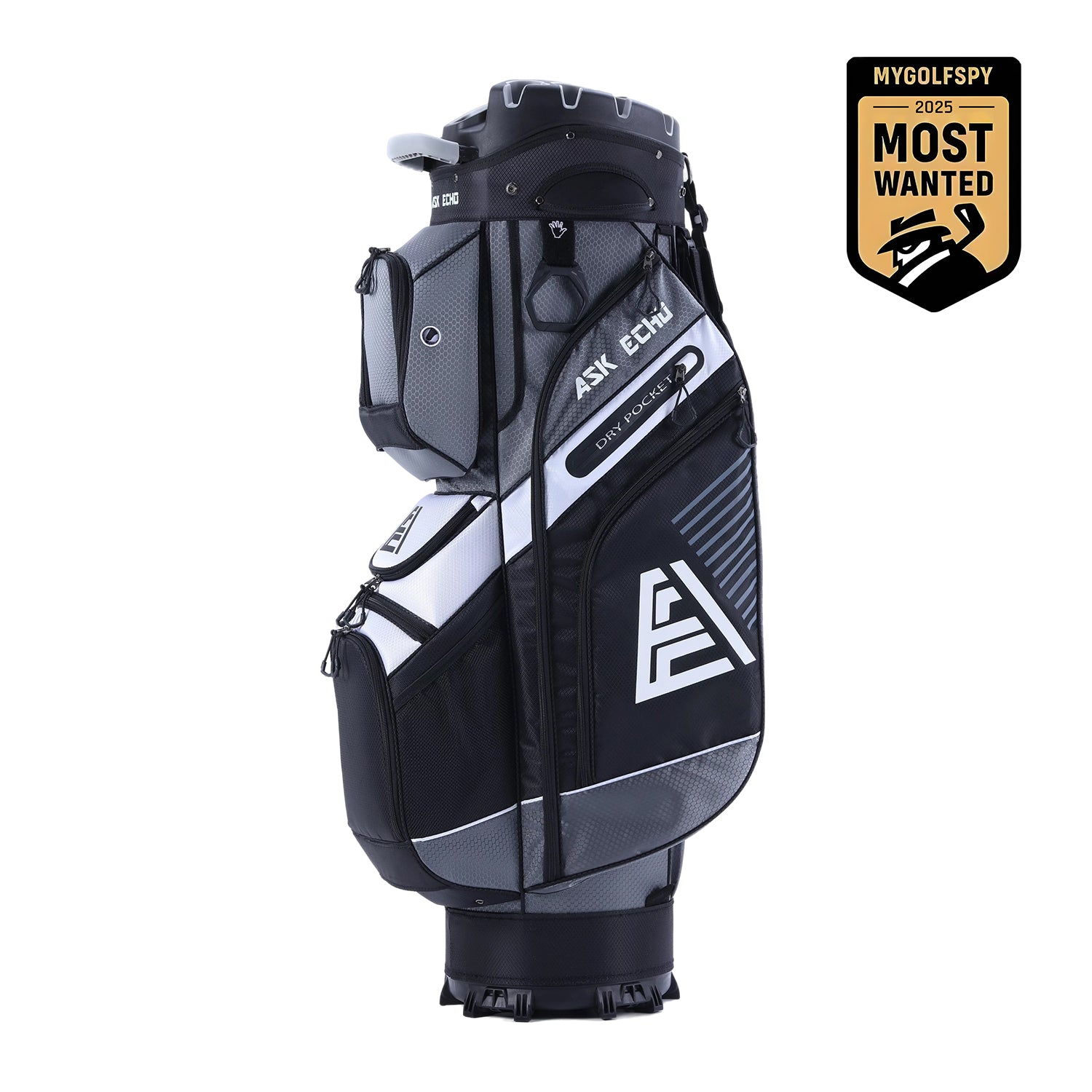 ASK ECHO T-LOCK Cart Bag in Grey with MyGolfSpy 2025 Most Wanted award badge