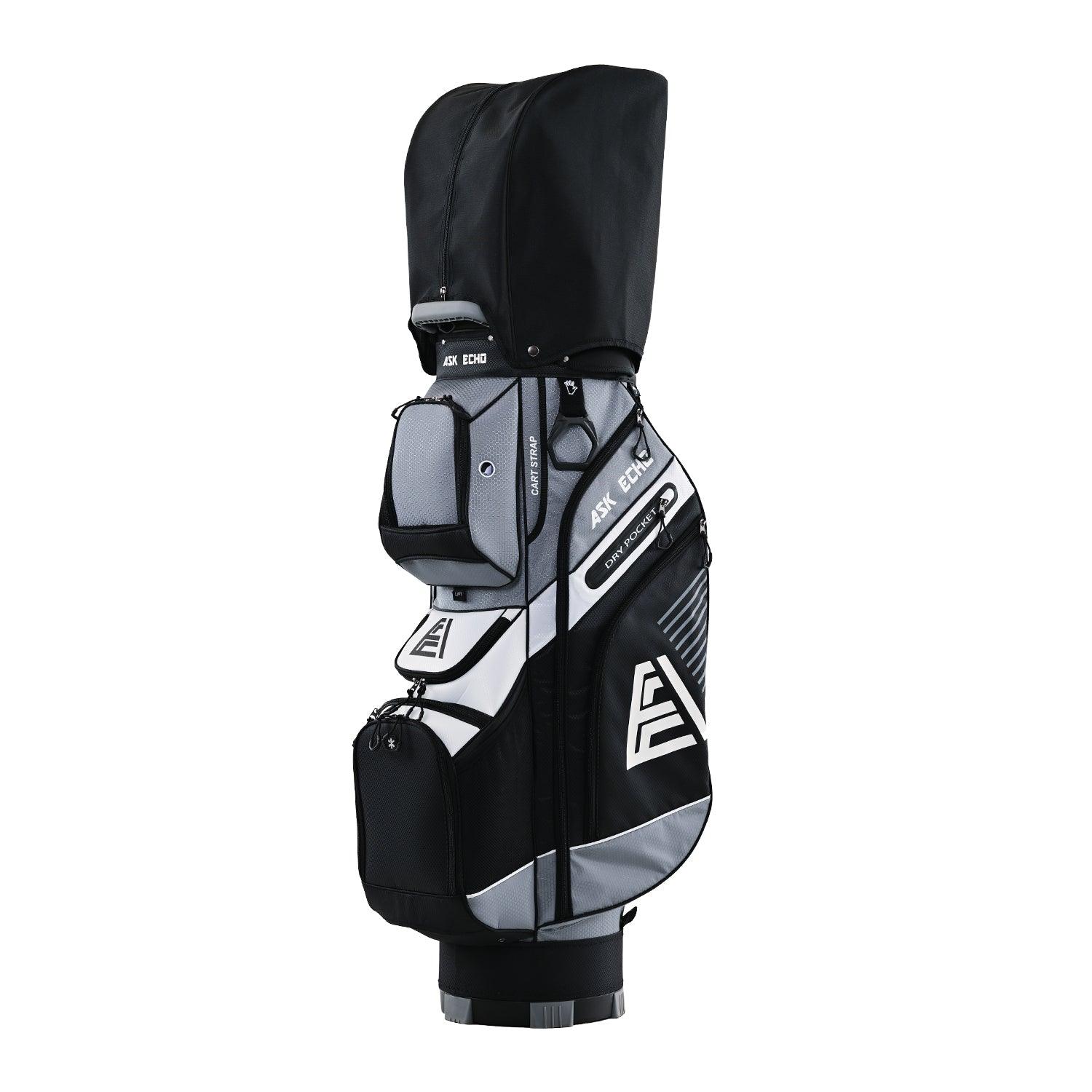 ASK ECHO T-LOCK Cart Bag in Grey with waterproof rain cover protecting clubs