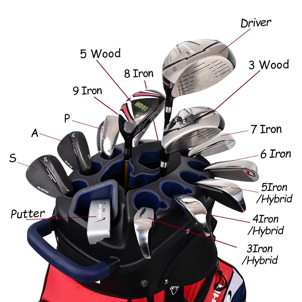 ASK ECHO T-LOCK Cart Bag in Navy with labeled 14-way divider slots for driver, woods, irons, hybrids, and putter