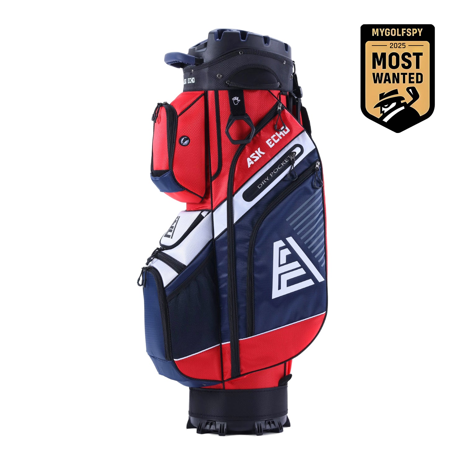 ASK ECHO T-LOCK Cart Bag in Navy with MyGolfSpy 2025 Most Wanted award badge