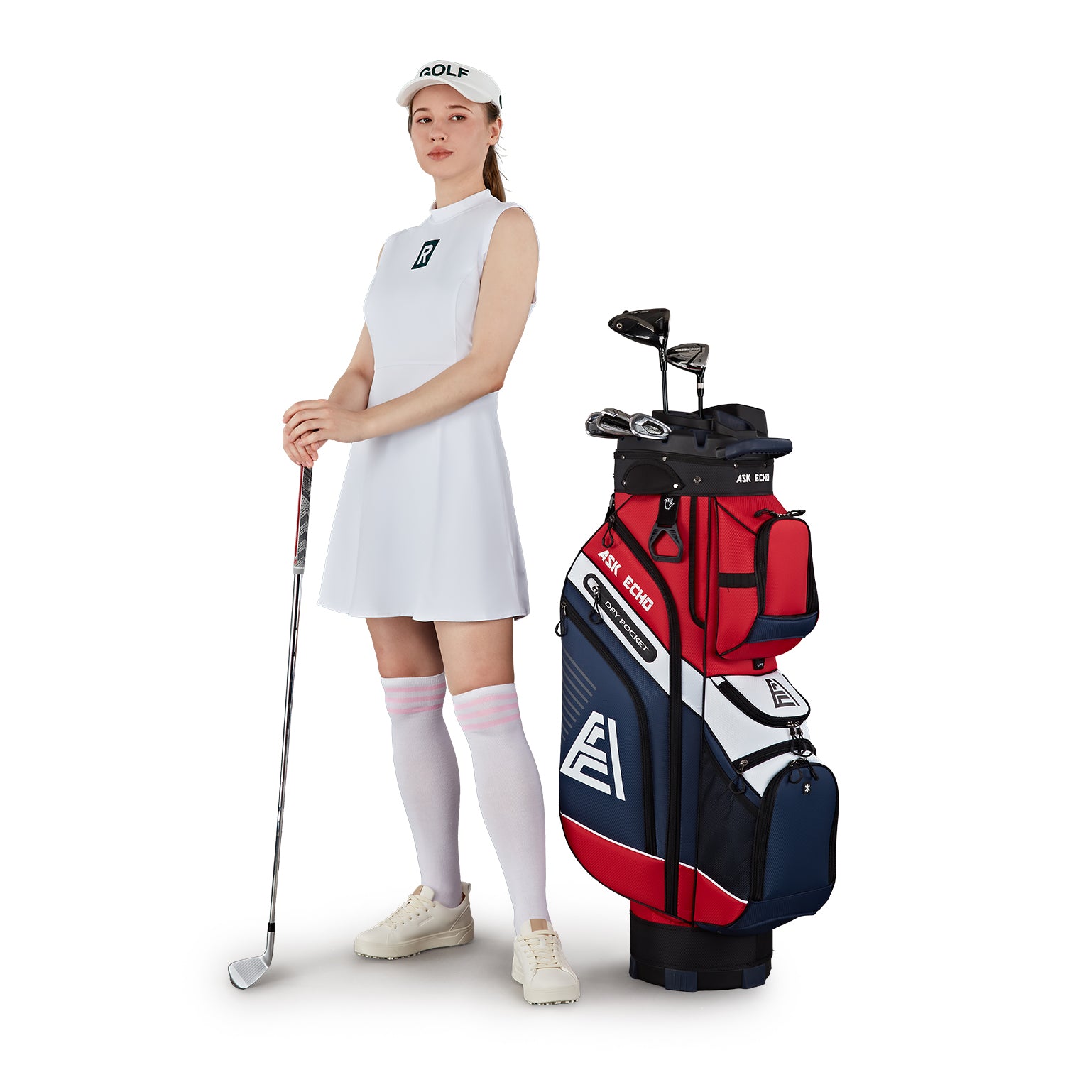 ASK ECHO T-LOCK Cart Bag in Navy shown with female golfer model on course