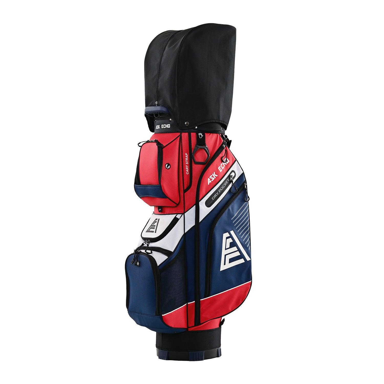 ASK ECHO T-LOCK Cart Bag in Navy with waterproof rain cover protecting clubs