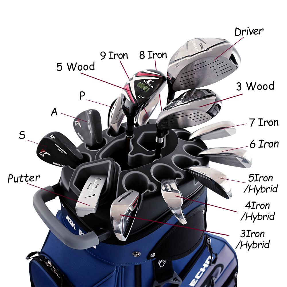 ASK ECHO T-LOCK Cart Bag in Navy Grey with labeled 14-way divider slots for driver, woods, irons, hybrids, and putter