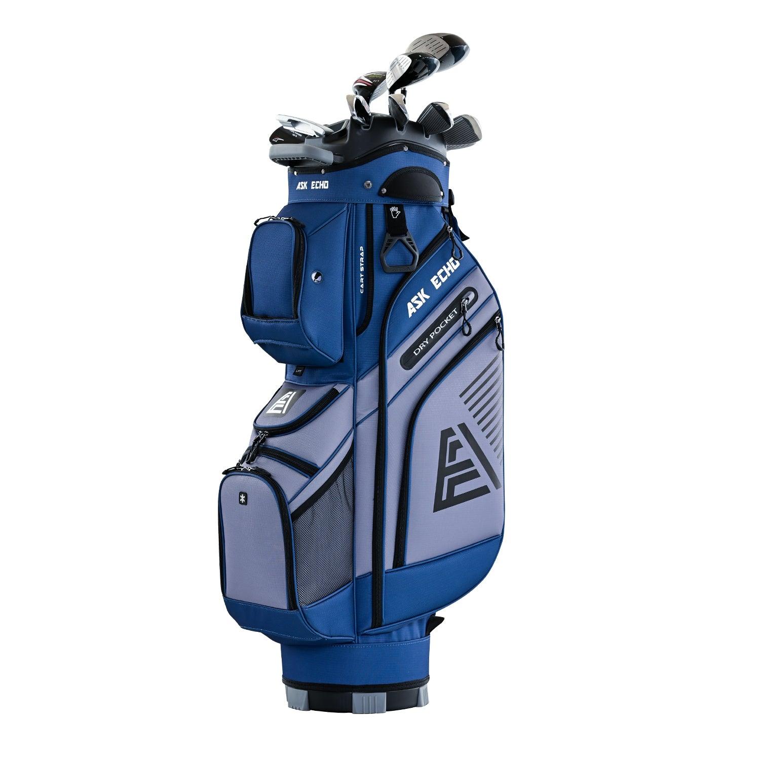ASK ECHO T-LOCK Cart Bag in Navy Grey front view loaded with clubs, featuring silent organization design