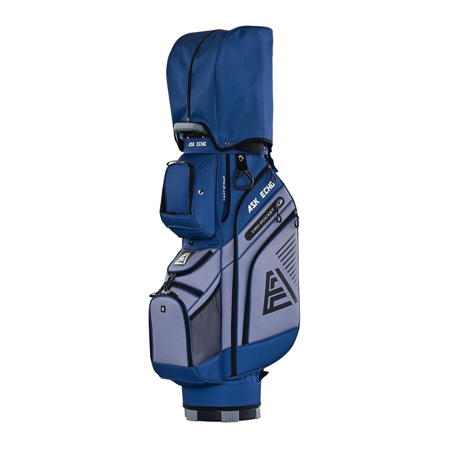 ASK ECHO T-LOCK Cart Bag in Navy Grey with waterproof rain cover protecting clubs