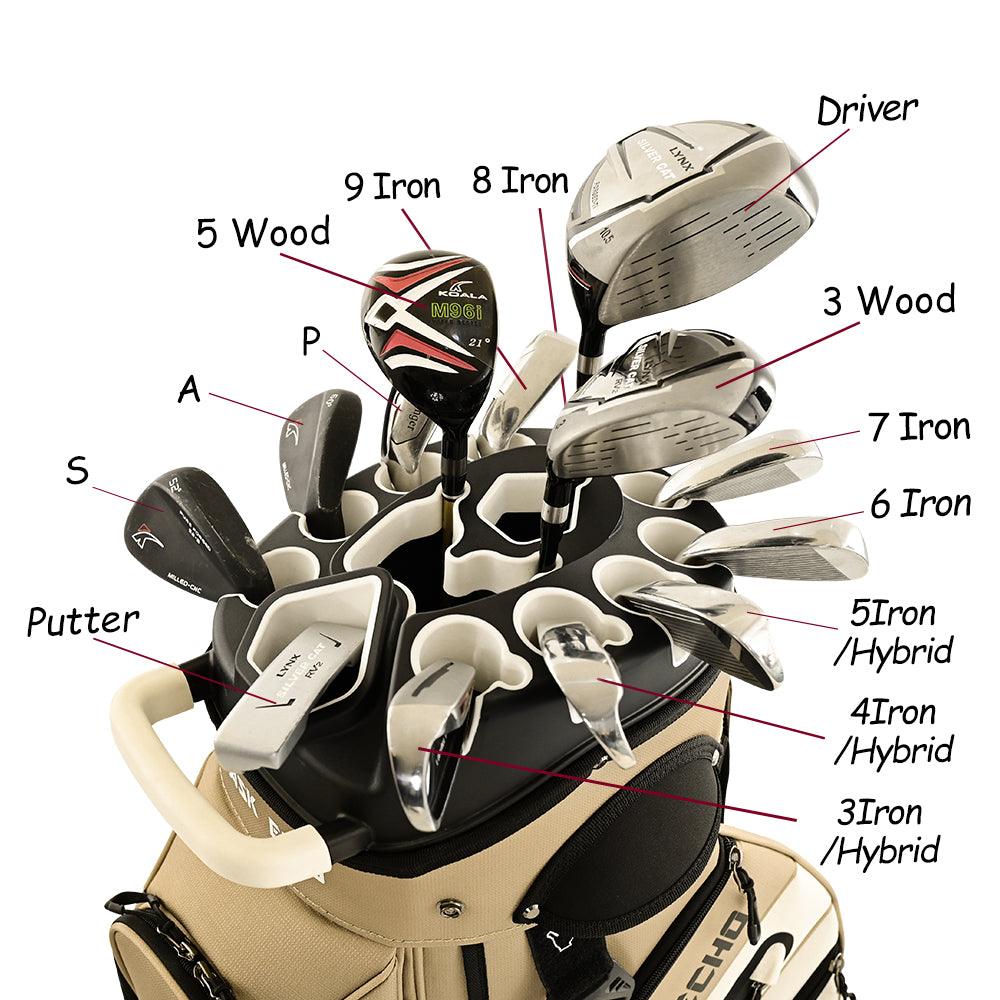 ASK ECHO T-LOCK Cart Bag in Toasted Almond with labeled 14-way divider slots for driver, woods, irons, hybrids, and putter