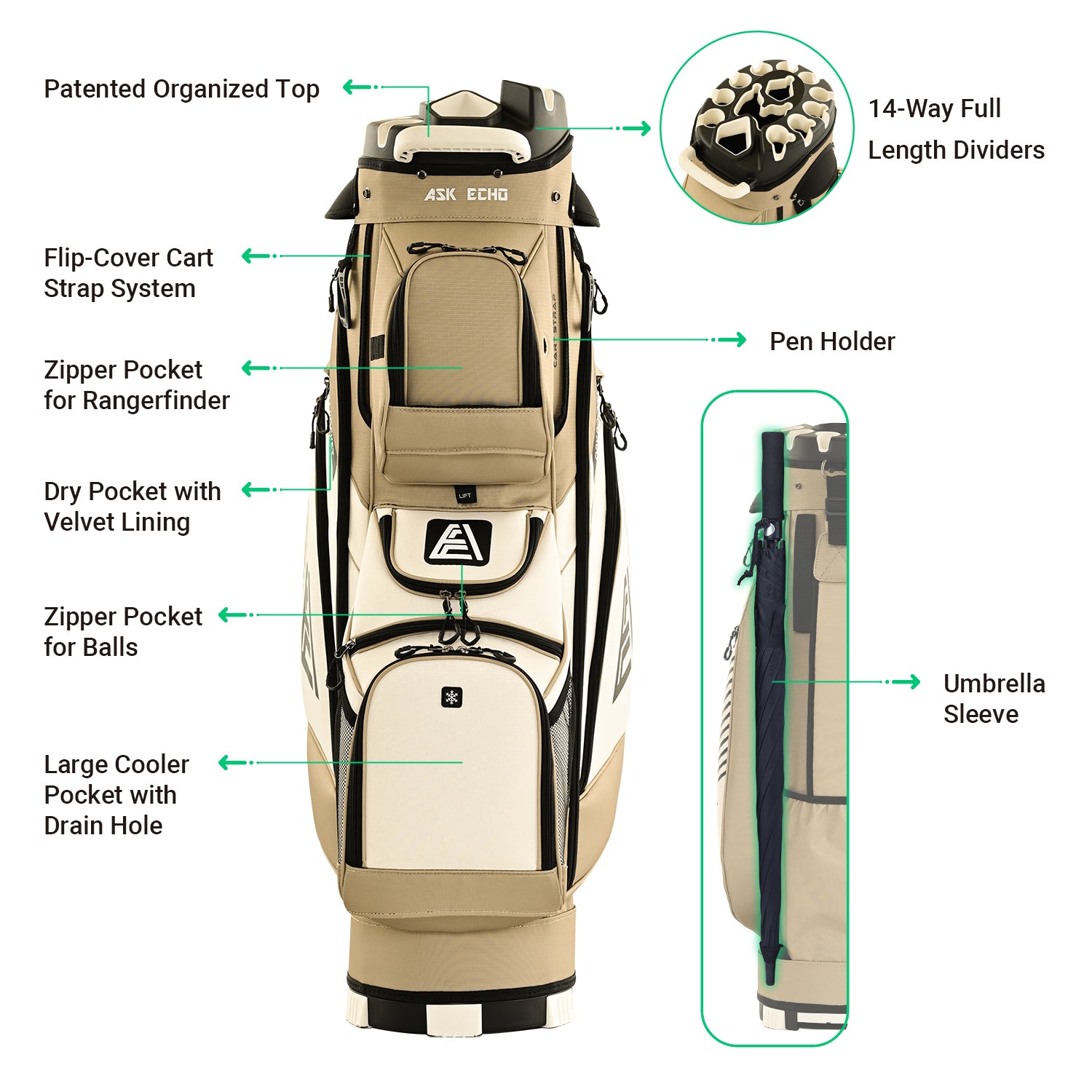 ASK ECHO T-LOCK Cart Bag in Toasted Almond with labeled features including magnetic rangefinder pocket, cooler pocket, ball pocket, and umbrella sleeve
