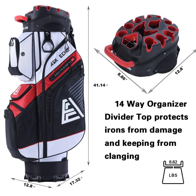 ASK ECHO T-LOCK White golf cart bag with dimensions 41.14 x 17.32 x 12.8 inches and weight 8.82 lbs