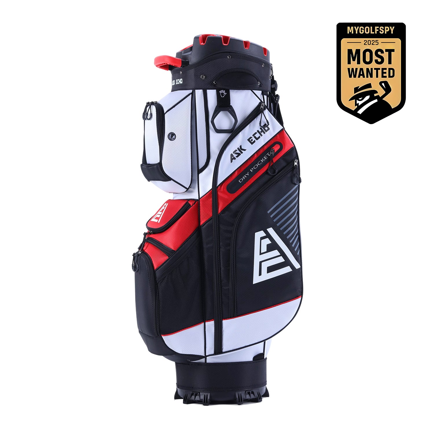 ASK ECHO T-LOCK White golf cart bag with MyGolfSpy 2025 Most Wanted award badge