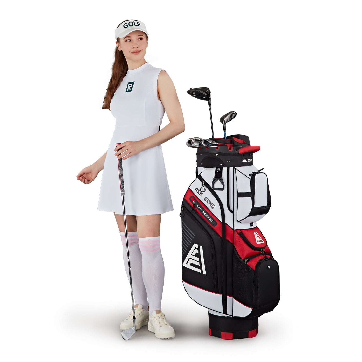 ASK ECHO T-LOCK White golf cart bag shown with female golfer model on course