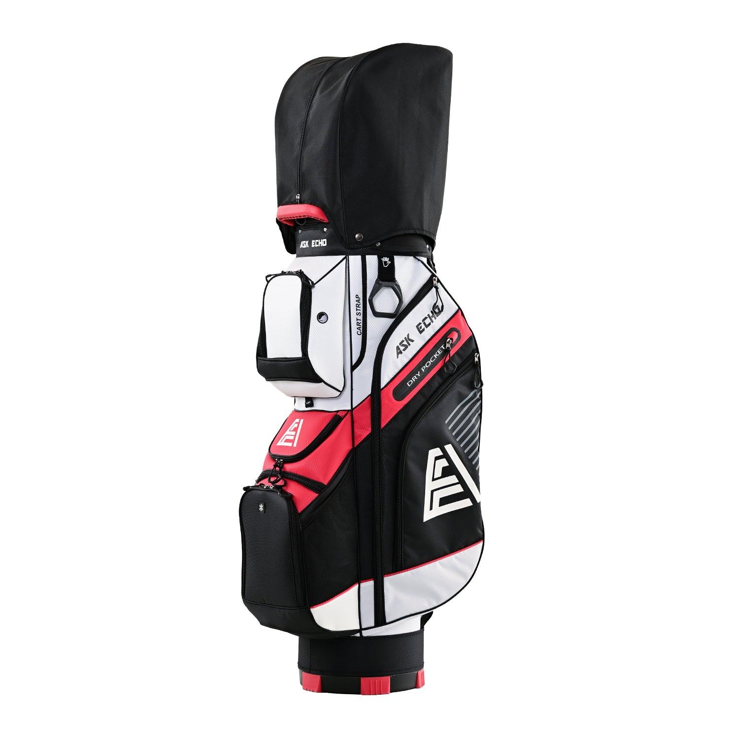 ASK ECHO T-LOCK White golf cart bag with waterproof rain cover protecting clubs