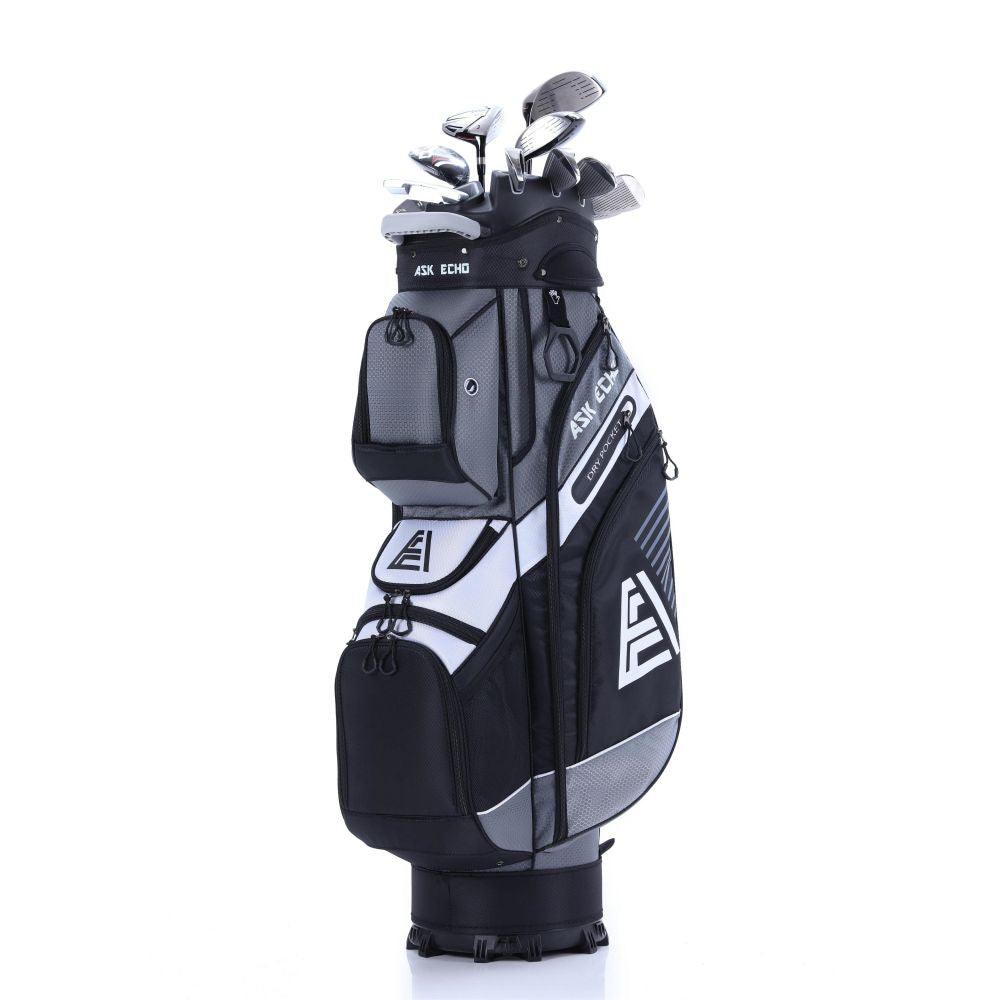 ASK ECHO T-LOCK Cart Bag in Grey front view loaded with clubs, featuring silent organization design