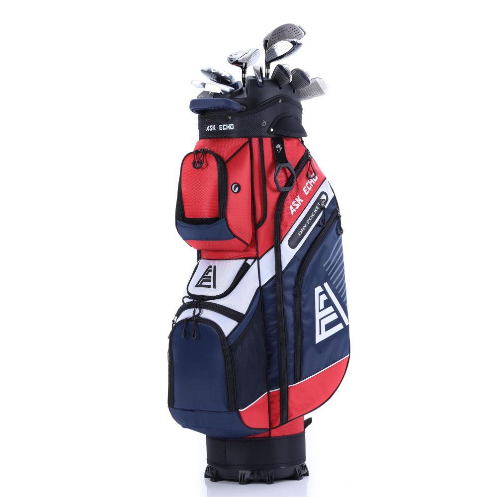 ASK ECHO T-LOCK Cart Bag in Navy front view loaded with clubs, featuring silent organization design