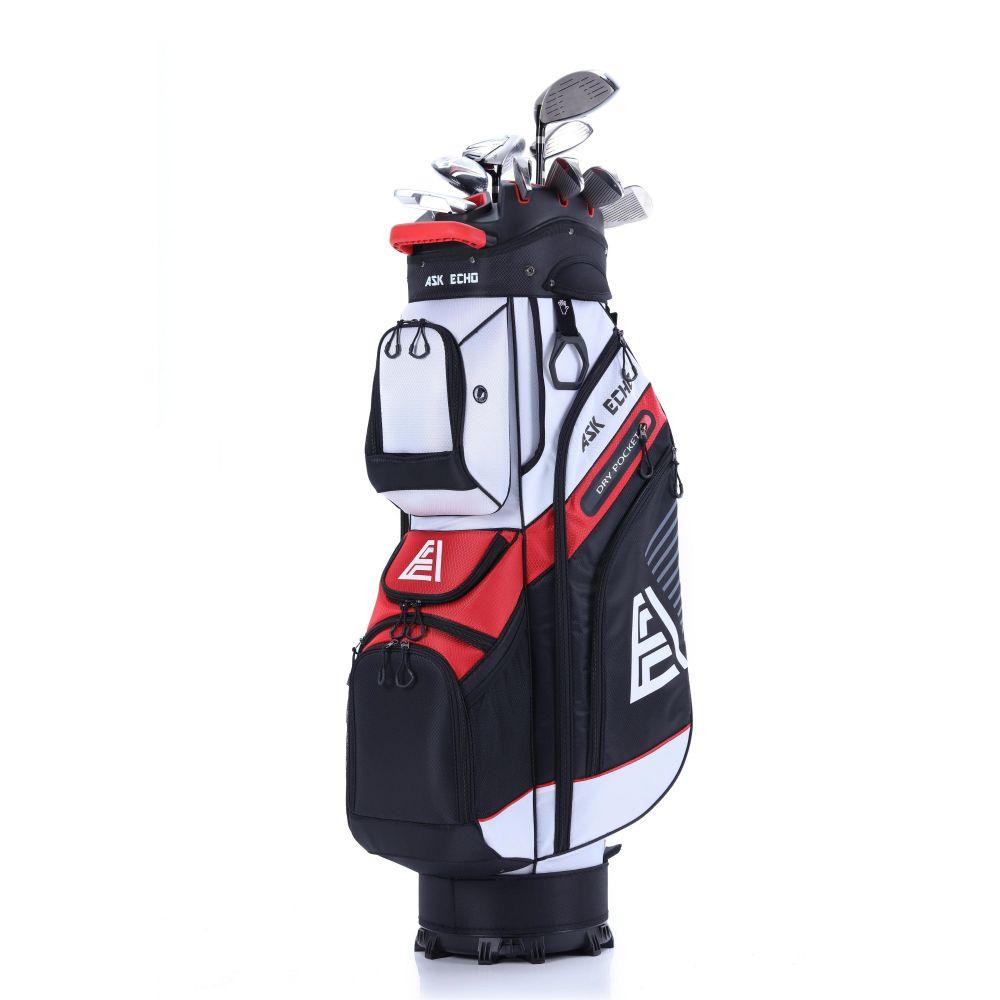 ASK ECHO T-LOCK White golf cart bag front view loaded with clubs, featuring silent organization design