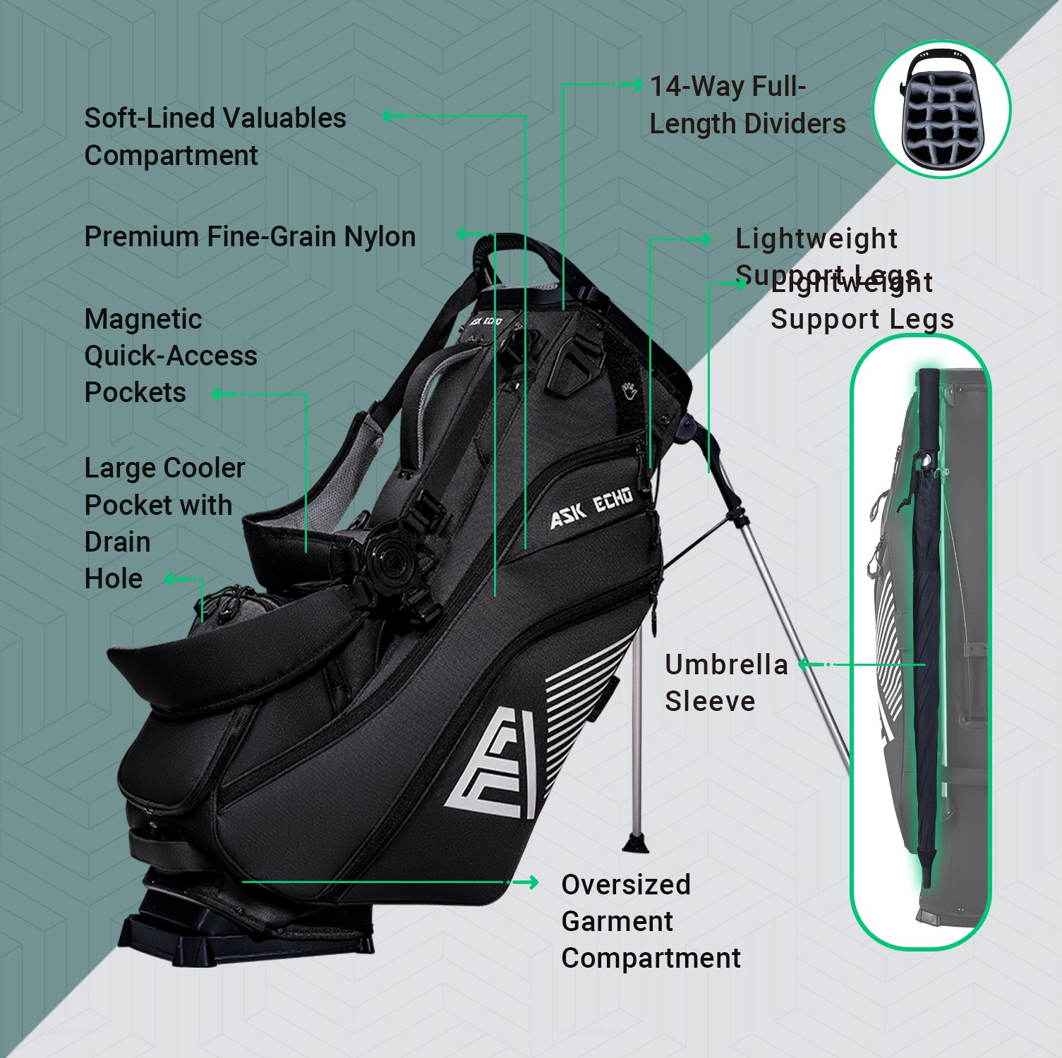 ASK ECHO ST-14 Hybrid Stand Bag | 14-Way Full-Length Dividers
