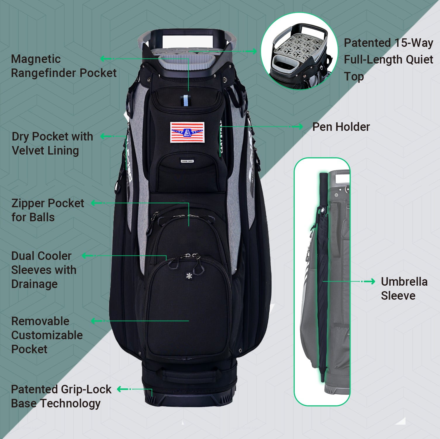 Ask Echo SLC-130 15 Dividers Grip Locking Bottom Golf Quiet Cart Bag / Black