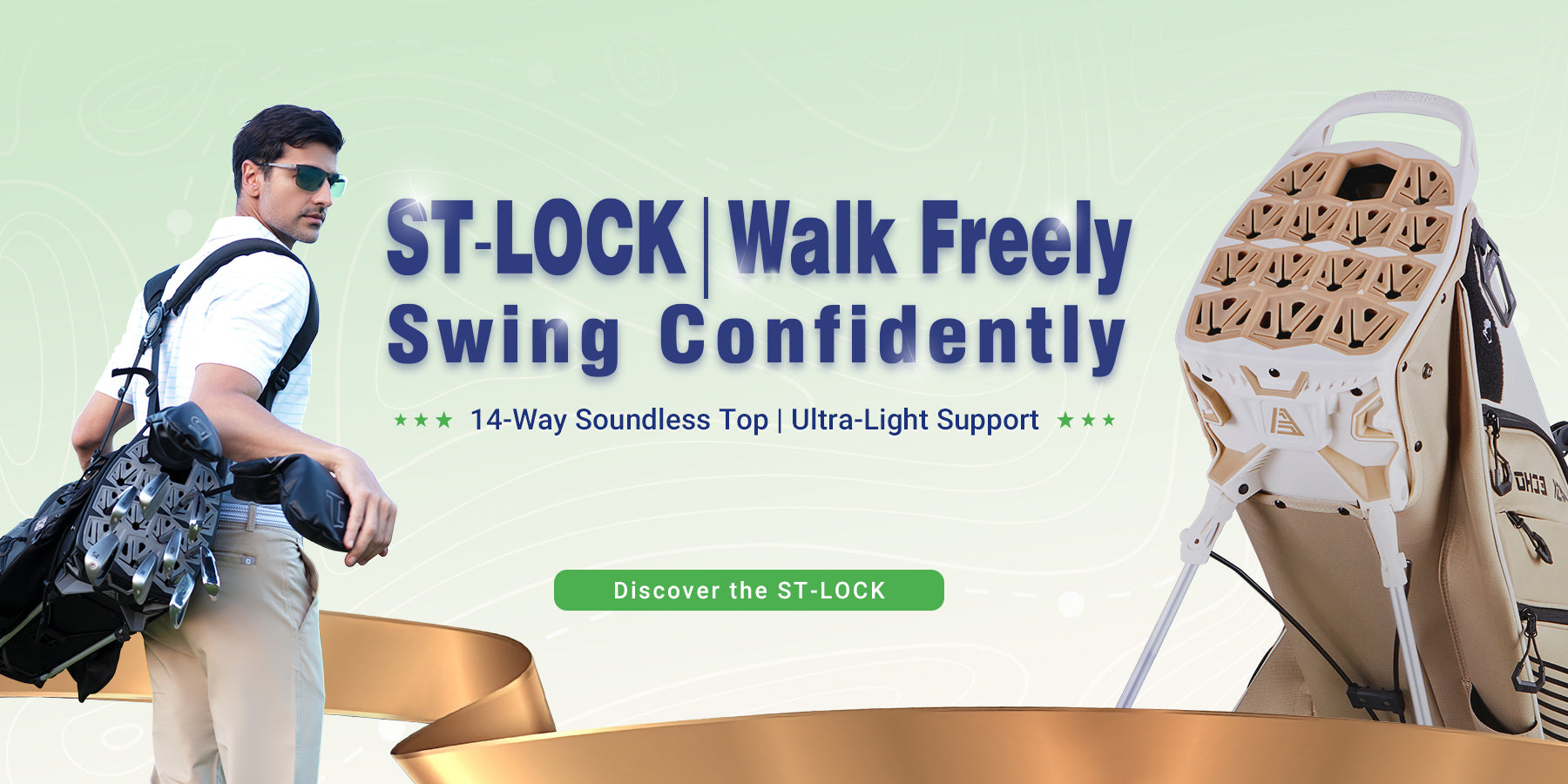 ASK ECHO homepage banner showing golfer carrying ST-LOCK stand bag with close-up of 14-way soundless top and ultra-light support
