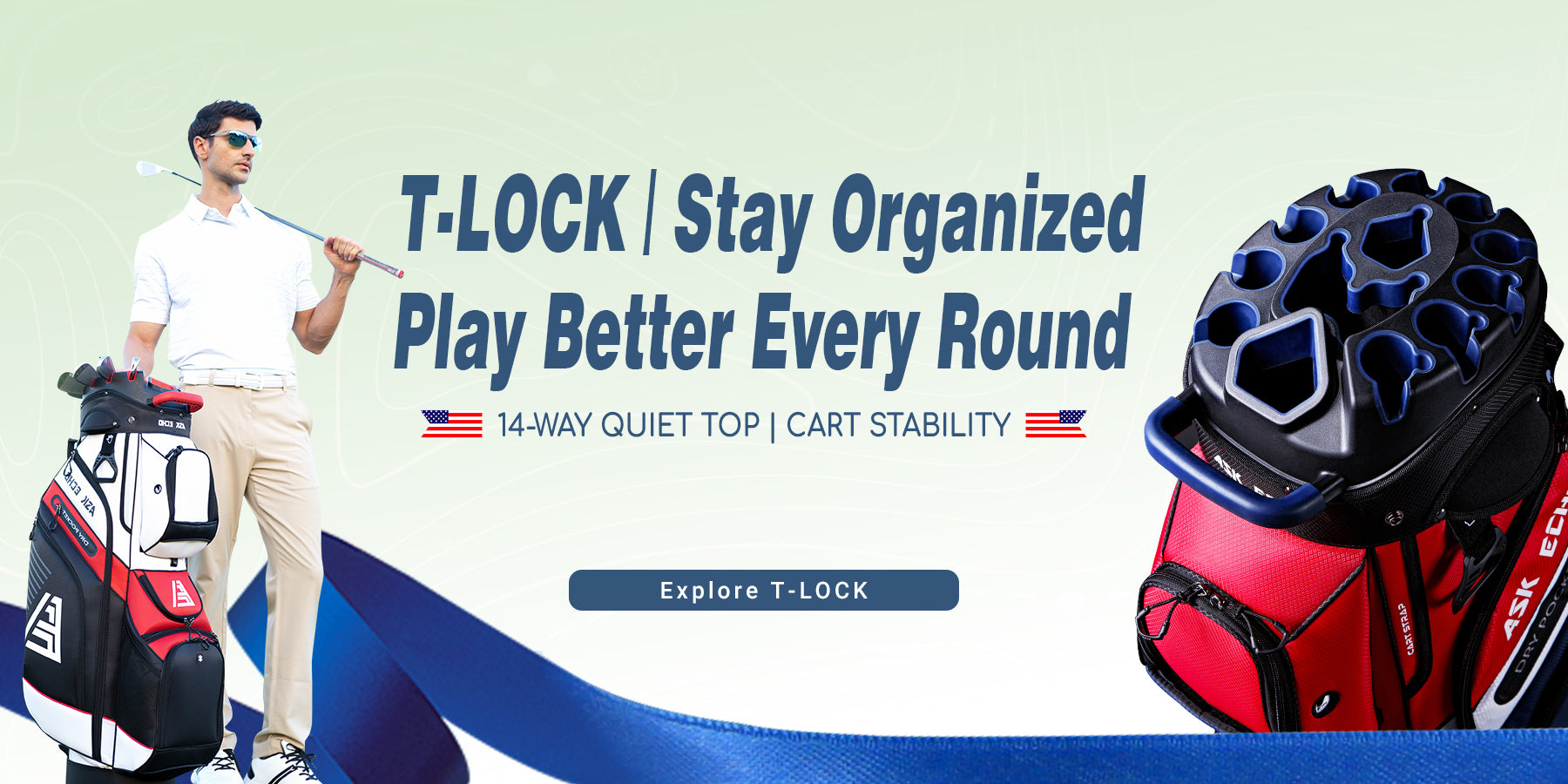 ASK ECHO homepage banner featuring golfer with T-LOCK golf cart bag and close-up of 14-way quiet top divider system
