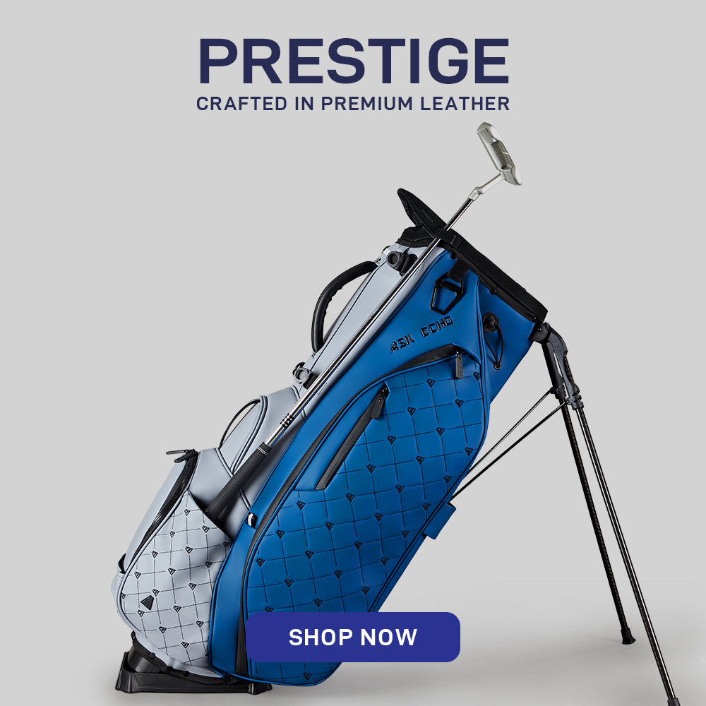 ASK ECHO Prestige-14 navy stand bag crafted in premium leather with 14-way full-length dividers and dual shoulder straps

