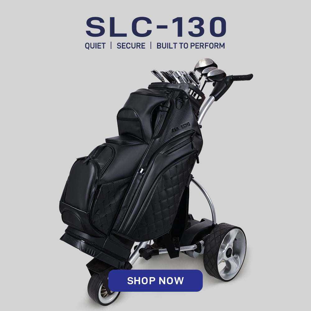 ASK ECHO SLC-130Le luxury black golf cart bag on a push cart with 15-way organized top and premium leather finish
