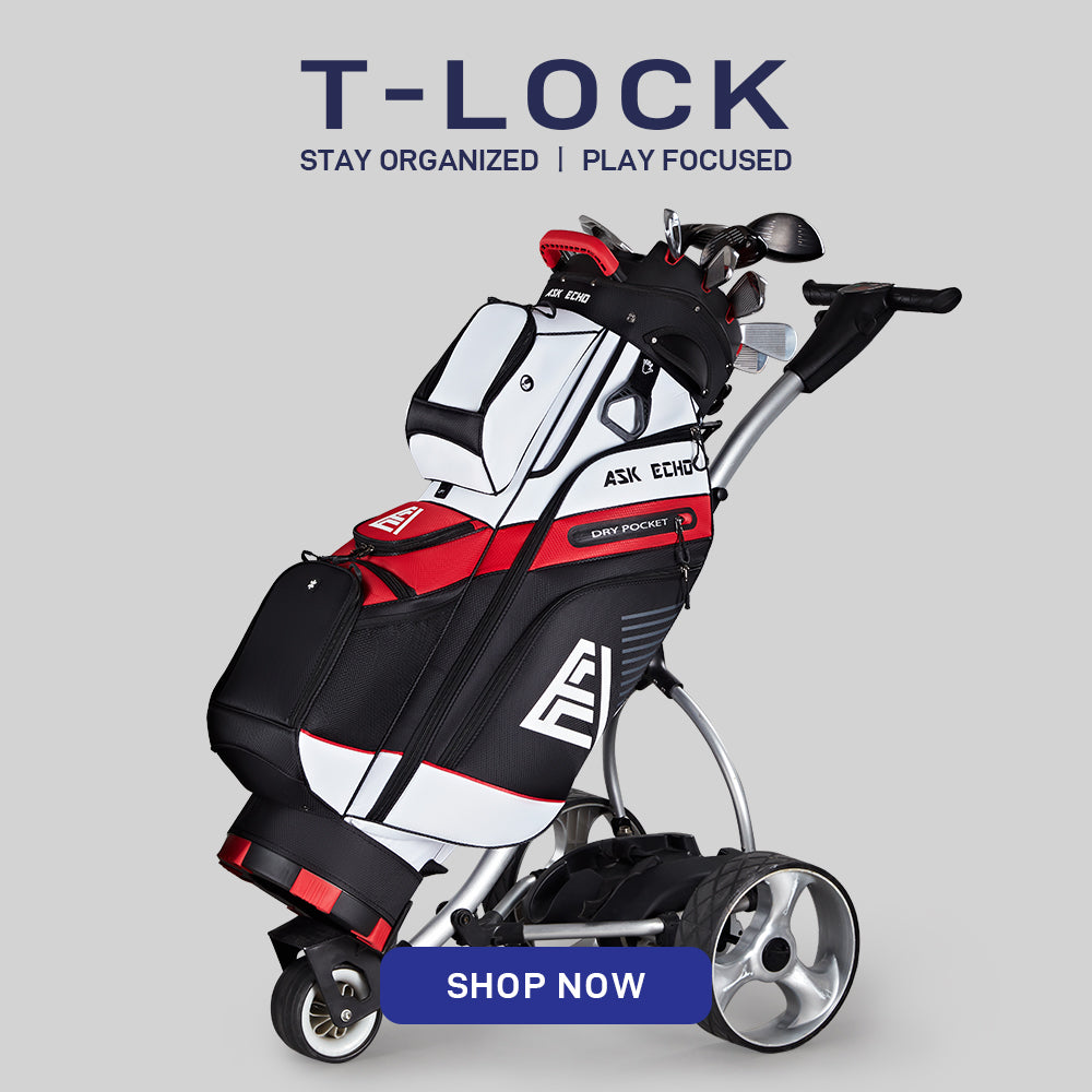 ASK ECHO T-LOCK golf cart bag in white placed on a push cart, featuring 14-way full-length dividers and silent organization system
