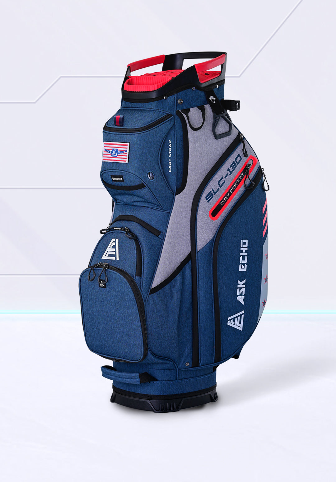 ASK ECHO SLC-130 golf cart bag in navy and grey with 15-way organized top and waterproof valuable pocket
