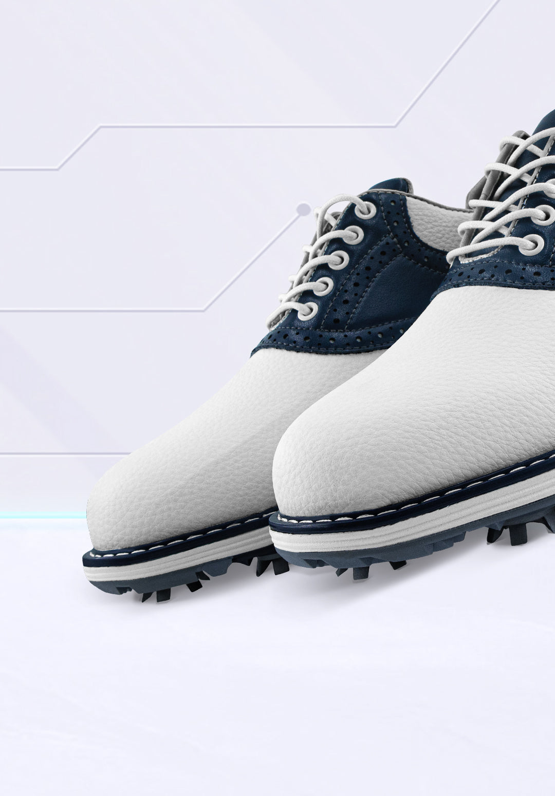 ASK ECHO Goating Player golf shoes in white and navy with spiked sole for traction and stability
