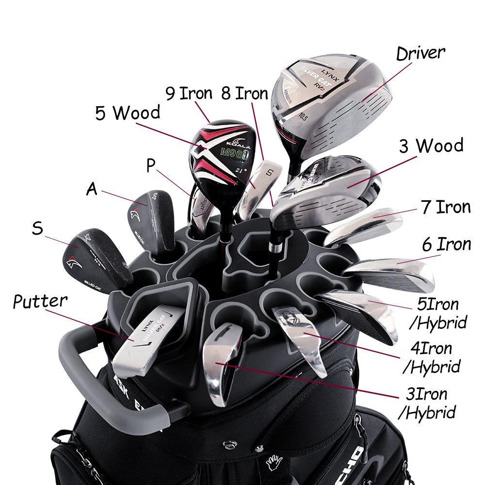 ASK ECHO T-LOCK Cart Bag in Black with labeled 14-way divider slots for driver, woods, irons, hybrids, and putter
