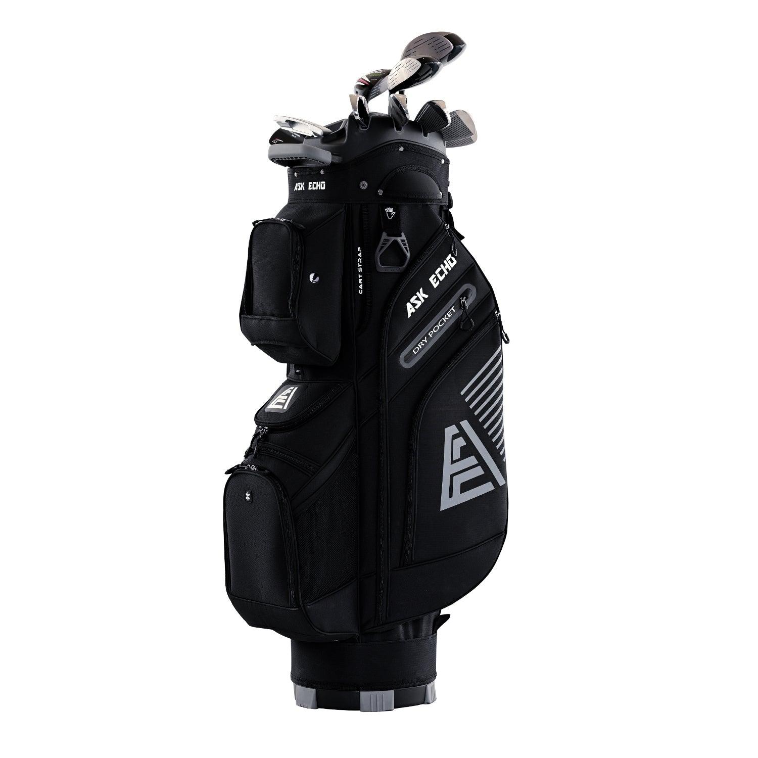 ASK ECHO T-LOCK Cart Bag in Black front view loaded with clubs, featuring silent organization design
