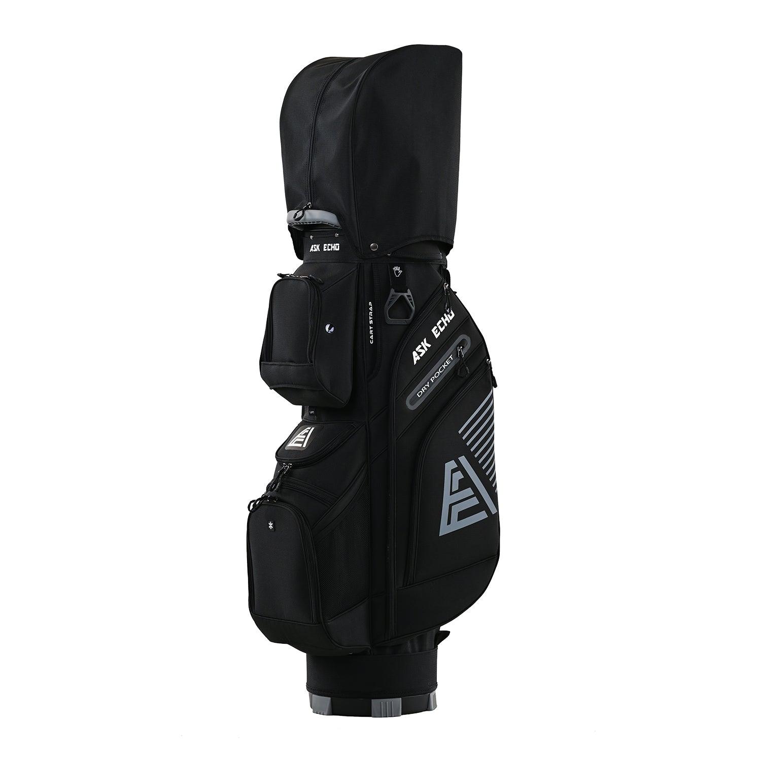 ASK ECHO T-LOCK Cart Bag in Black with waterproof rain cover protecting clubs
