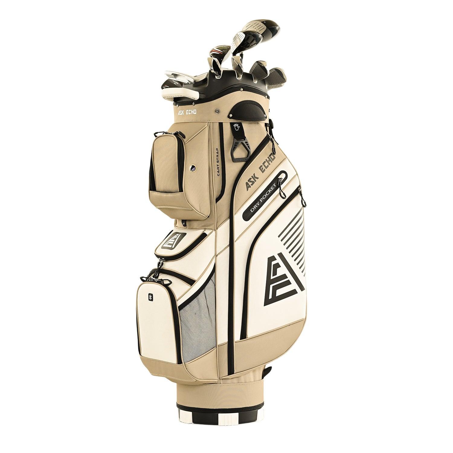 ASK ECHO T-LOCK Cart Bag in Toasted Almond front view loaded with clubs, featuring silent organization design
