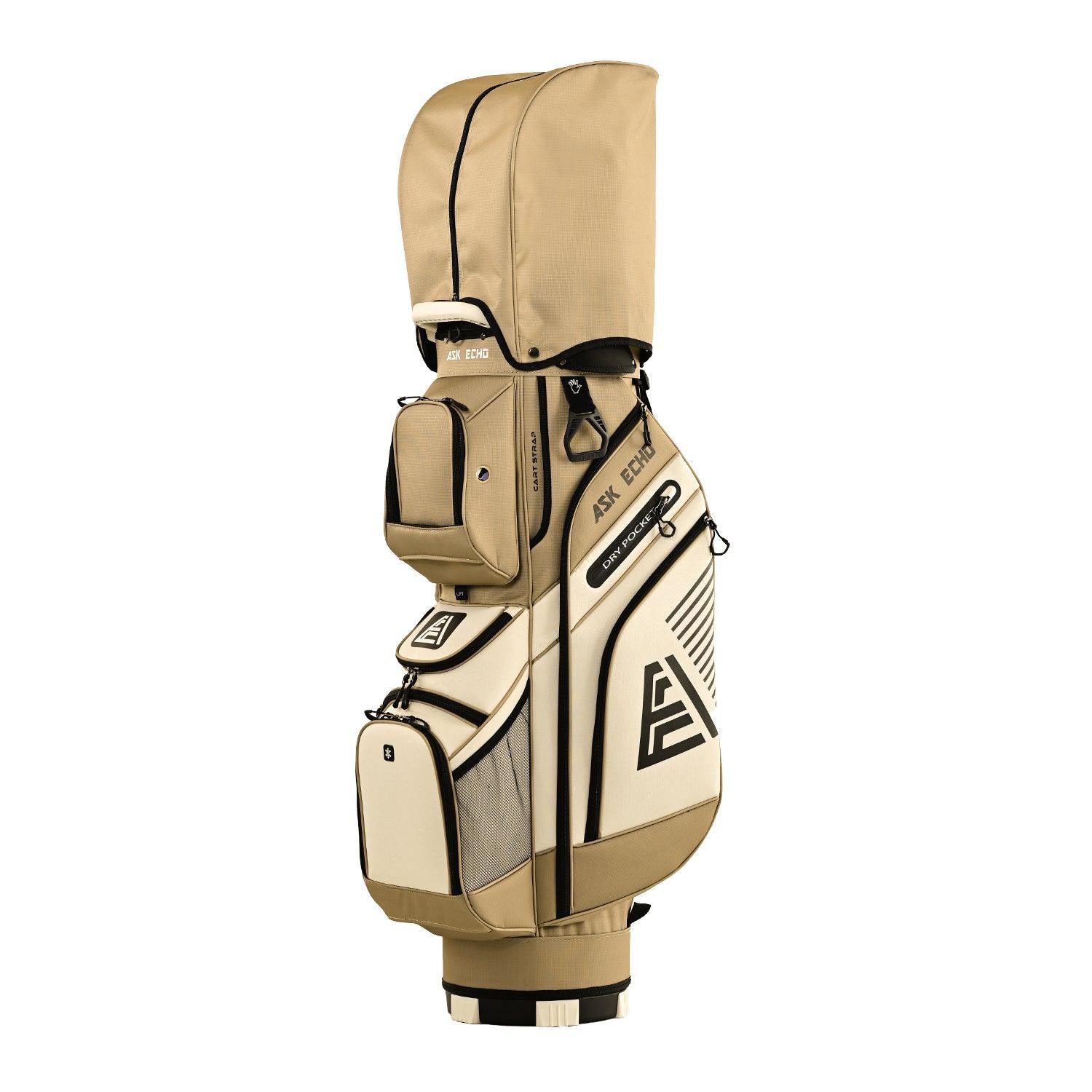 ASK ECHO T-LOCK Cart Bag in Toasted Almond with waterproof rain cover protecting clubs

