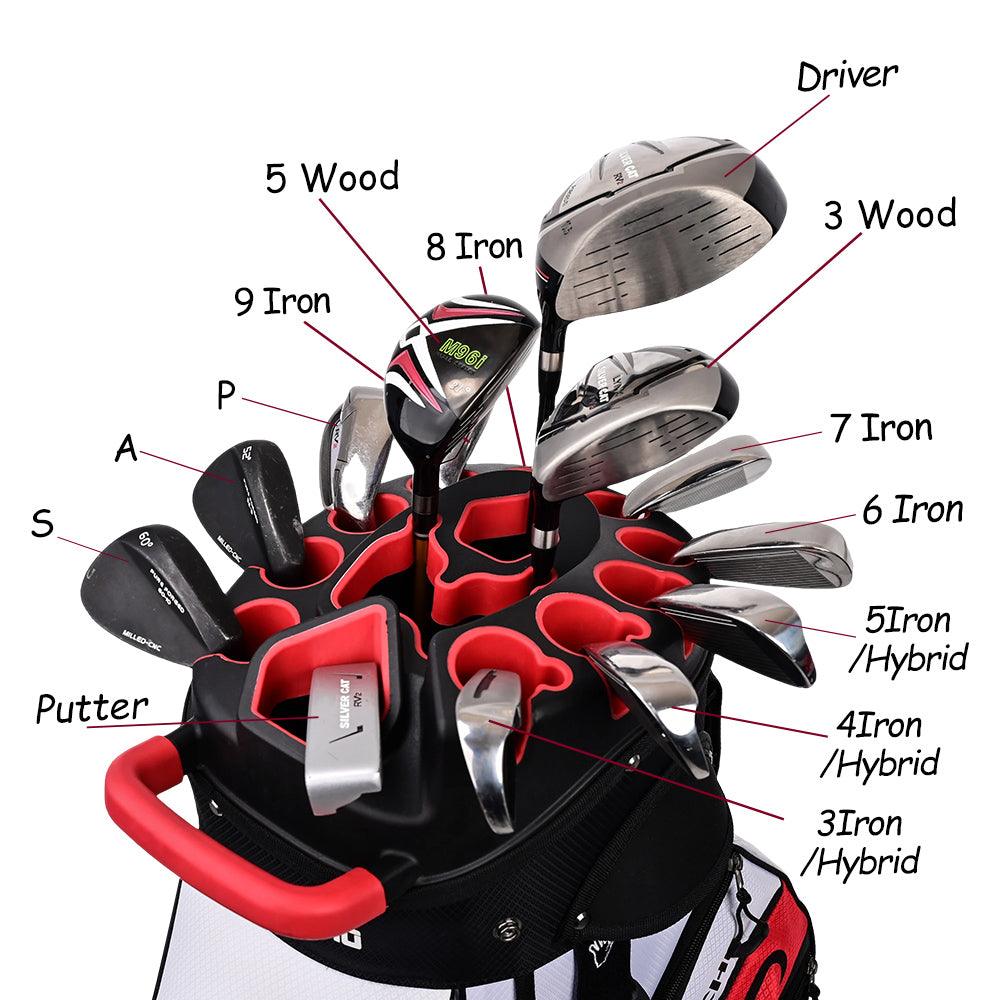 ASK ECHO T-LOCK White golf cart bag with labeled 14-way divider slots for driver, woods, irons, hybrids, and putter
