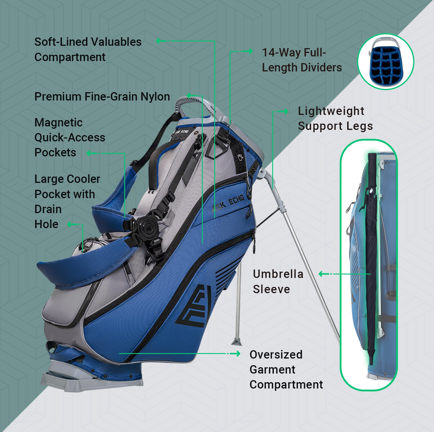 Ask Echo ST-14 Way Full Length Dividers Hybrid Stand Bag / NavyGrey