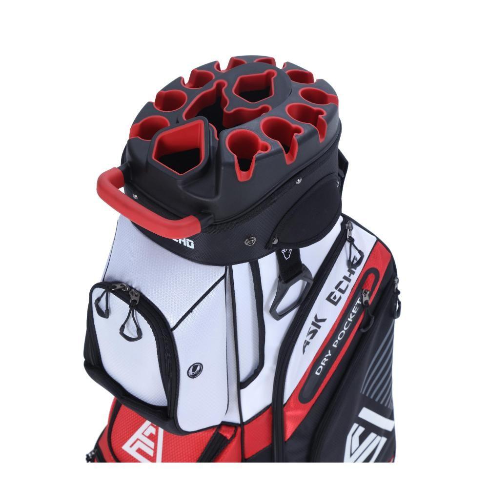 ASK ECHO T-LOCK White golf cart bag top view with 14-way full-length organizer divider system
